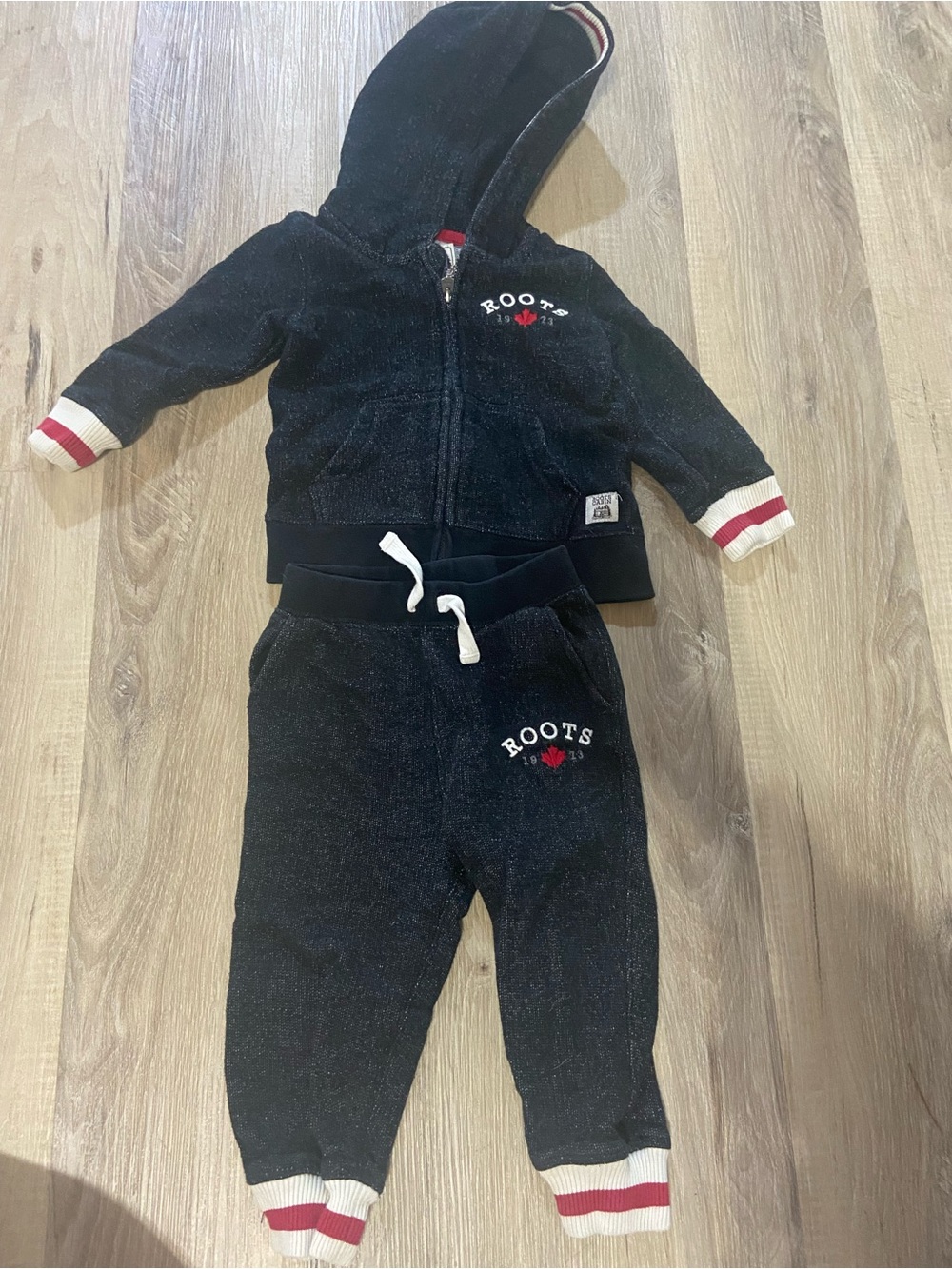 Roots Black Kids Hoodie & Jogger Set with Red and White Trim